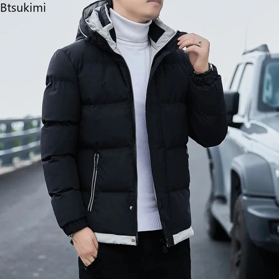 2024 Winter Korean Style Parkas Men's Puffer Jacket Long Sleeve Hooded Coats Bomber Jacket Thicker Warm Zipper Outerwear for Men