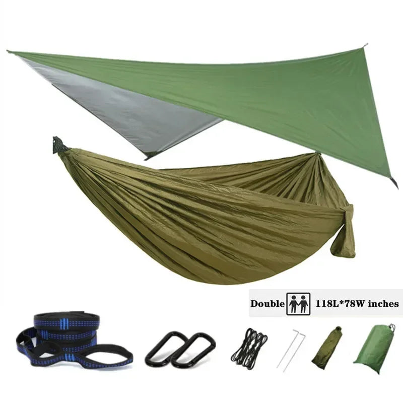 Oversized Double 118inx79in Hammock with Tree Straps and Rain Fly, Indoor Outdoor Backpacking Survival & Travel Camping Hammock