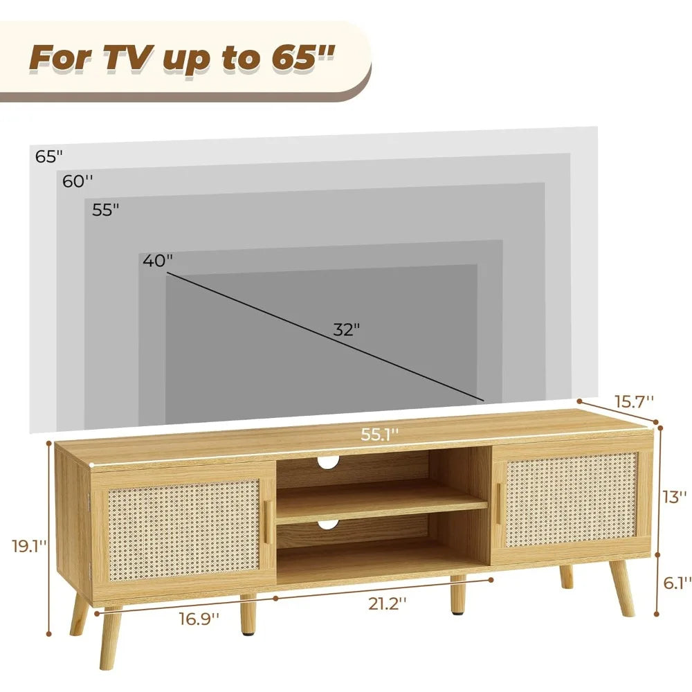 4 Cord Holes Home Furniture for Tv Solid Wood Feet Rattan TV Console With 2 Cabinets Entertainment Center With Adjustable Shelf