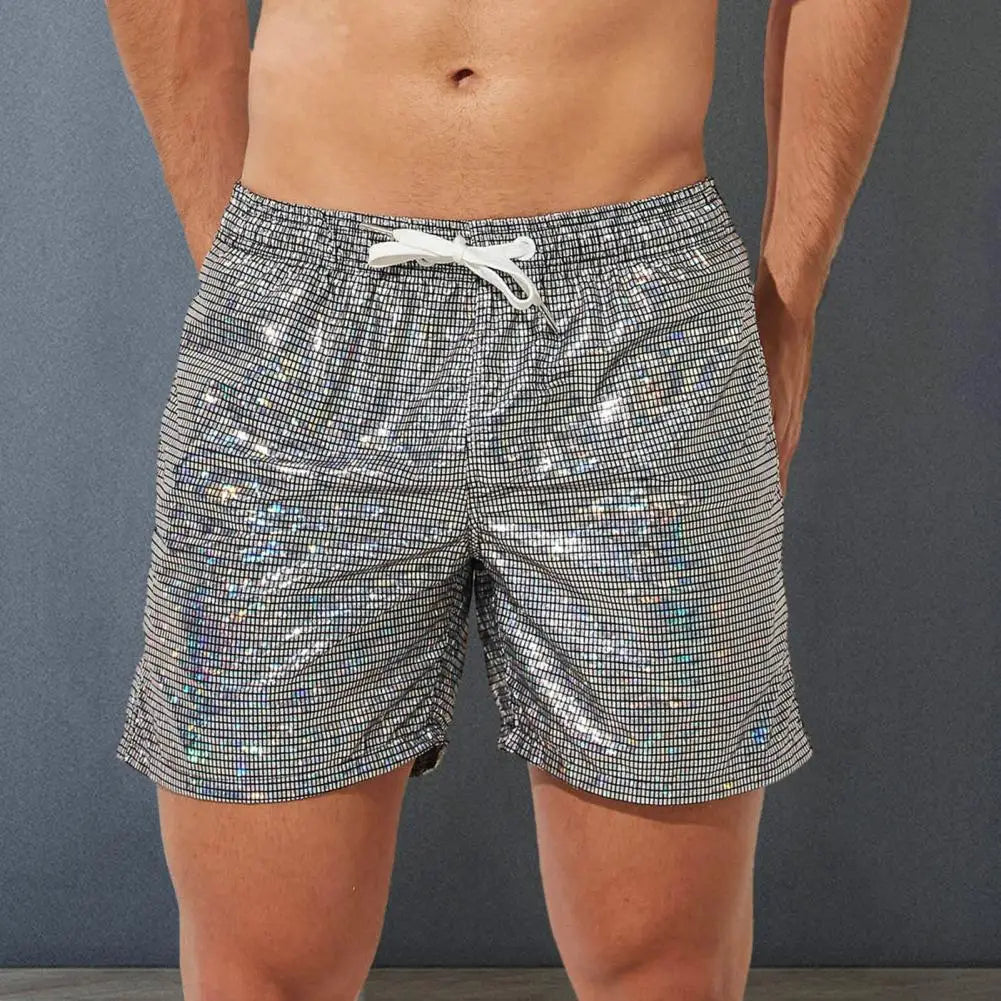 Shiny Drawstring Track Pants Print Beach Pants Sequin Men's Gym Shorts with Drawstring Elastic Waist Soft Breathable for Fitness