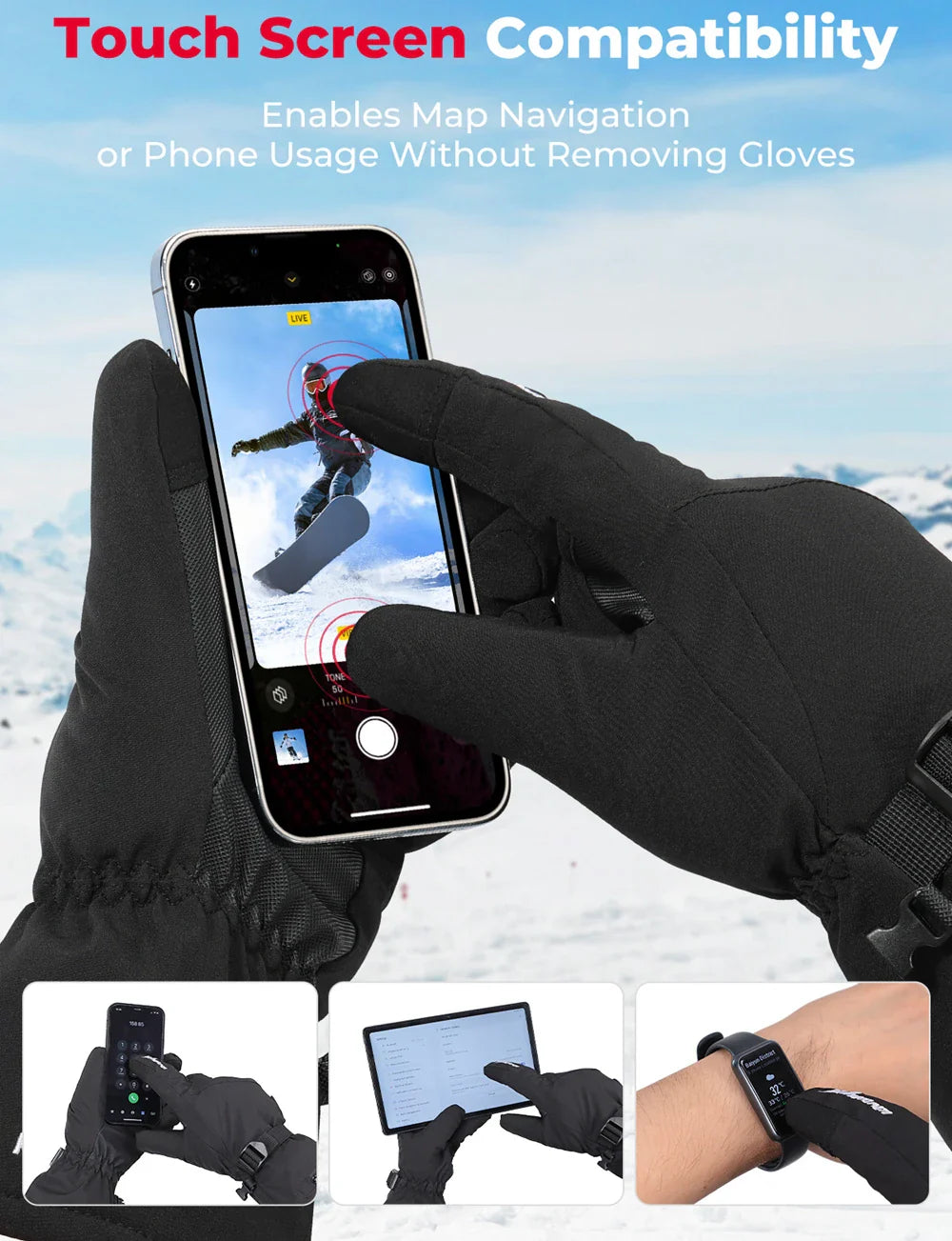 KEMIMOTO Heated Gloves Winter Snowmobile Scooter Moto Skiing Gloves Waterproof Touch Screen Rechargeable Battery Hunting Fishing