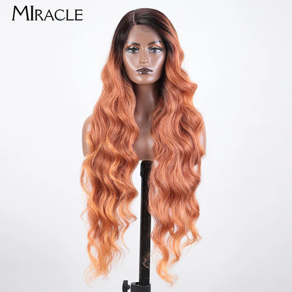 MIRACLE Synthetic Lace Front Wigs For Women Long Wavy 36 Inch Body Wavy Side Part Lace Front Wig Ombre Brown Blonde Cosplay Wig