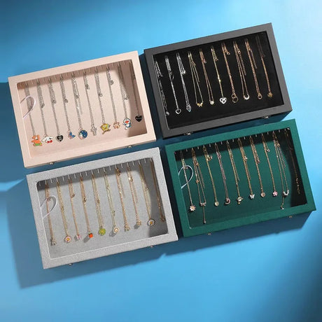 Ice Velvet 20 Hooks Jewelry Showcase for Necklaces Jewelry Box Stackable Glass Top Lockable