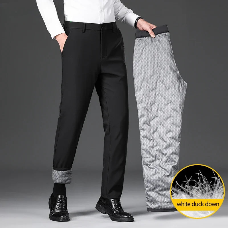 Winter Light and Warm Down Casual Pants High Quality Business Fashion Solid Color Straight Stretch Trousers Black Dark Gray