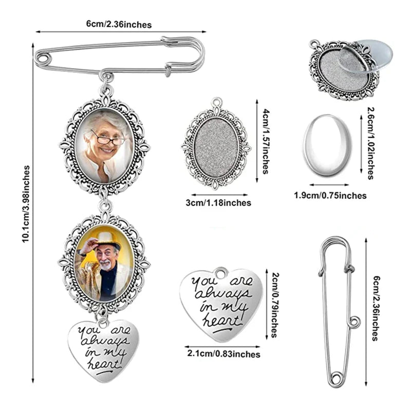 Wedding Boutonniere Bouquet Photo Memorial Charm Pin Round Mother of The Bride Gift for Groom Bride with Heart Pendant