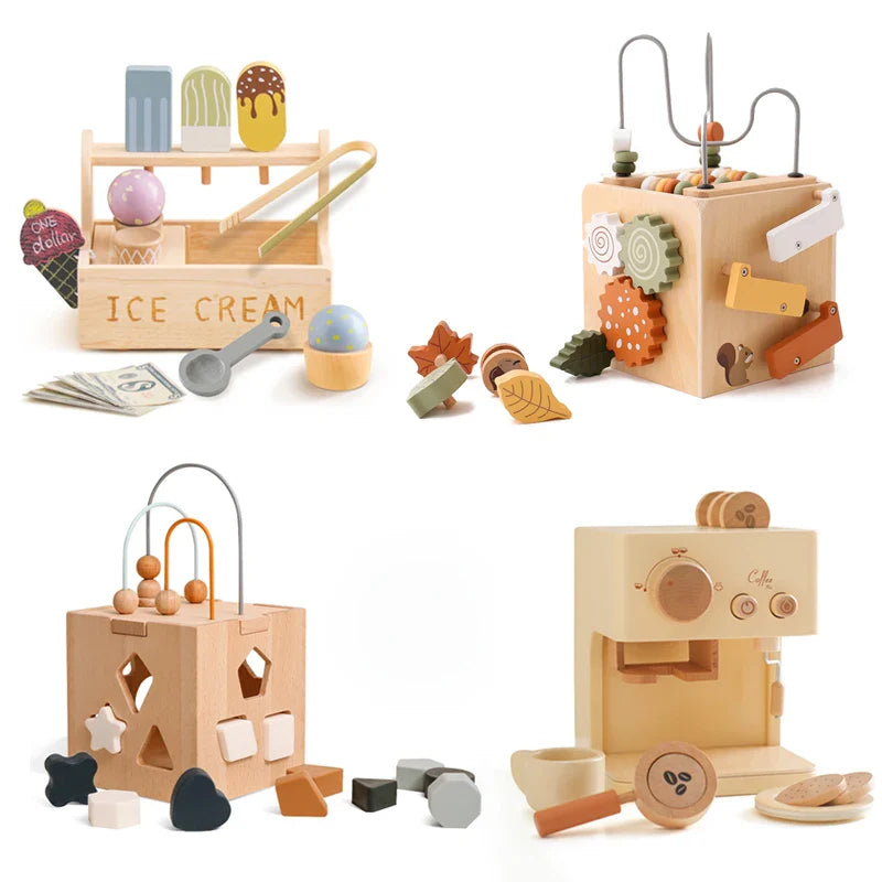 Baby Montessorri Toys Wooden Five-in-one Wooden Multifunctional Toys Activity Cube Silicone Geometric Blocks Educational Toys