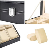 6 Slot PU Leather Watch Box Display Case Jewelry Organizer with Glass Top