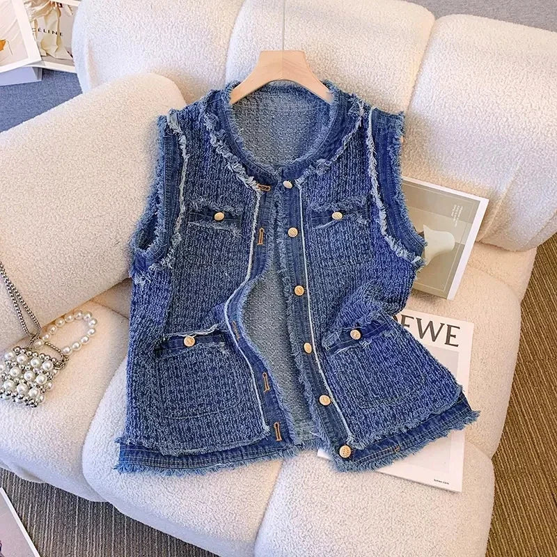 CJFHJE Blue Spring Autumn Flow Sleeveless Tank Top Coat Women Single Breasted Plaid Denim Vest Female Tassel Elegant Lady Vests