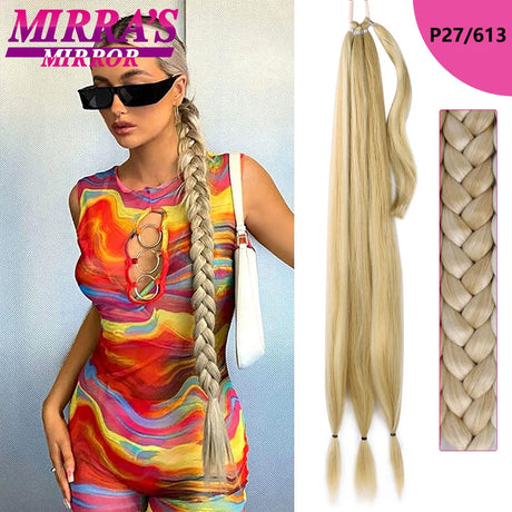 28 Inch Long DIY Braided Ponytail Extension with Hair Tie Straight Wrap Around Hair Extensions Ponytail Synthetic Hairpiece 100G