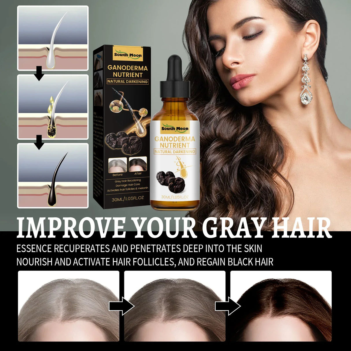 Gray White Hair Treatment Serum White To Black Repair Natural Color Black Rice Nourish Spray Anti Loss Hair High Quality Product