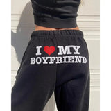 I Love My Boyfriend Printed Sweatpants Y2k High Elastic Waist Drawstring Baggy Trousers Vintage Casual Loose Straight Pants