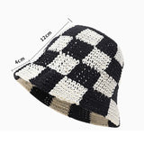 Korean Hand knit Crochet Bucket Hats Spring Summer Soft Straw Sun Hat Women Bucket Hats Plaid Designer Bob Fisherman Cap