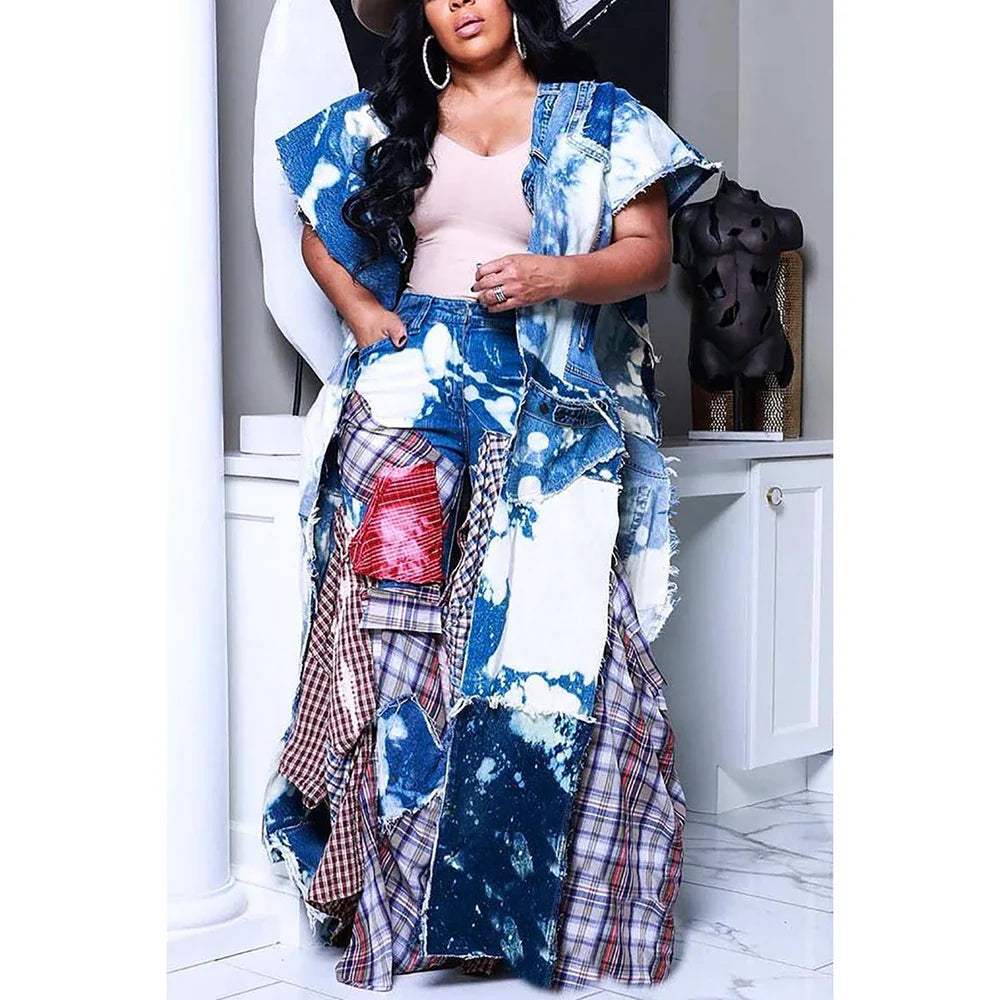 Plus Size Blue Daily Denim Tie Dye With Pocket Sleeveless Floor Length Outwear