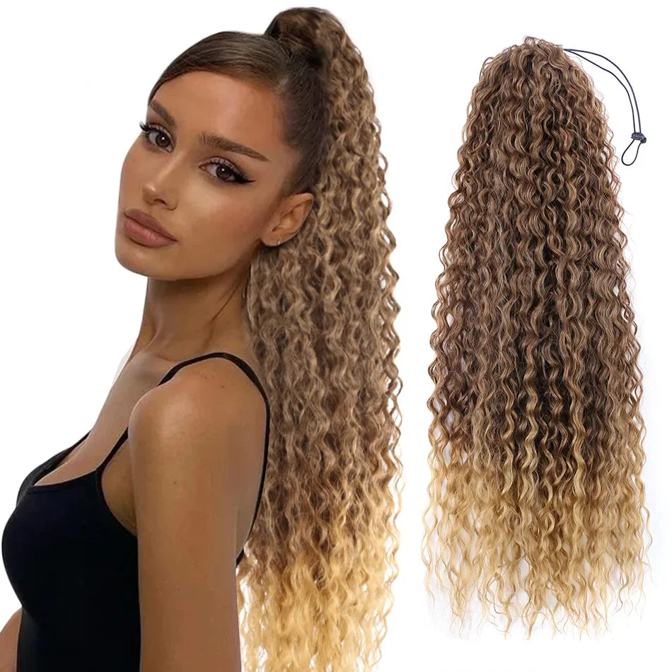 Long Curly Ponytail 80CM Synthetic Drawstring Ponytail Extensions Clip In Wrap Around Pony Tail Curls Ombre Color Anjo Plus