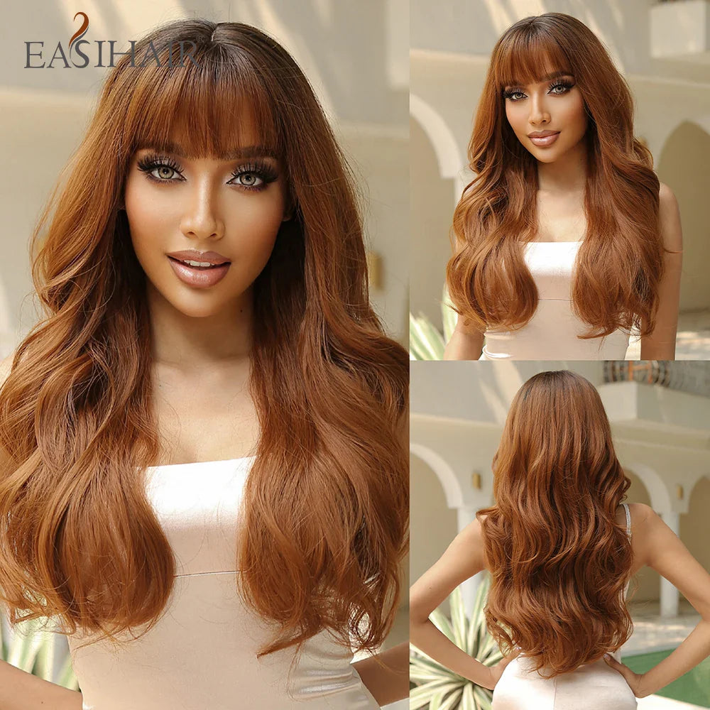 EASIHAIR Light Orange Synthetic Wigs Long Wavy Ombre Natural Hair Wigs with Bangs for Women Cosplay Lolita Wig Heat Resistant