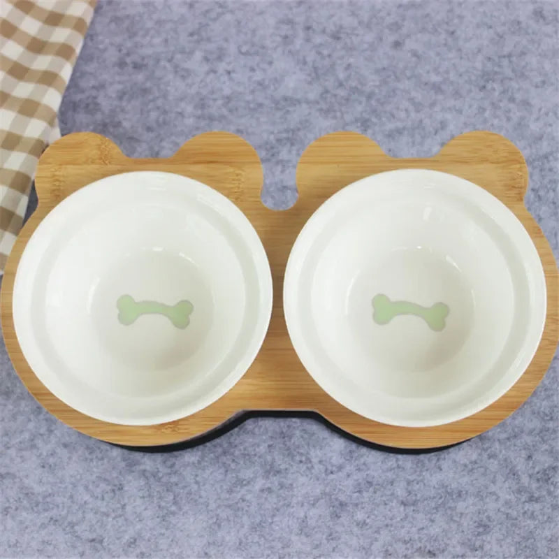 New High-end Pet Bowl Bamboo Shelf Ceramic Feeding and Drinking Bowls for Dogs and Cats Pet Feeder Accessories