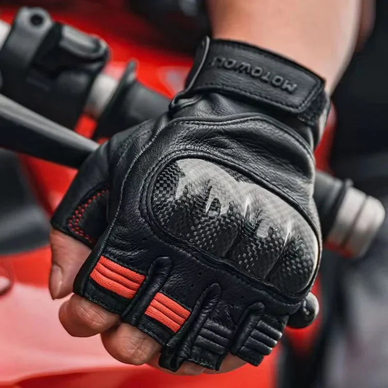 Half Finger Leather Motorcycle Gloves Hard Knuckle Carbon Fibre Protector Riding MTB Racing Riding  Leather Gloves for Men Women