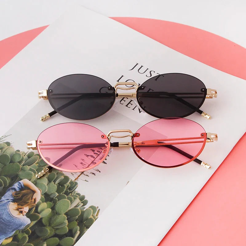 Trendy Brown Round Oval Rimless Sunglasses Women Brand Designer Shades Eyewear Retro Square Circle Men Sun Glasses Oculos UV400