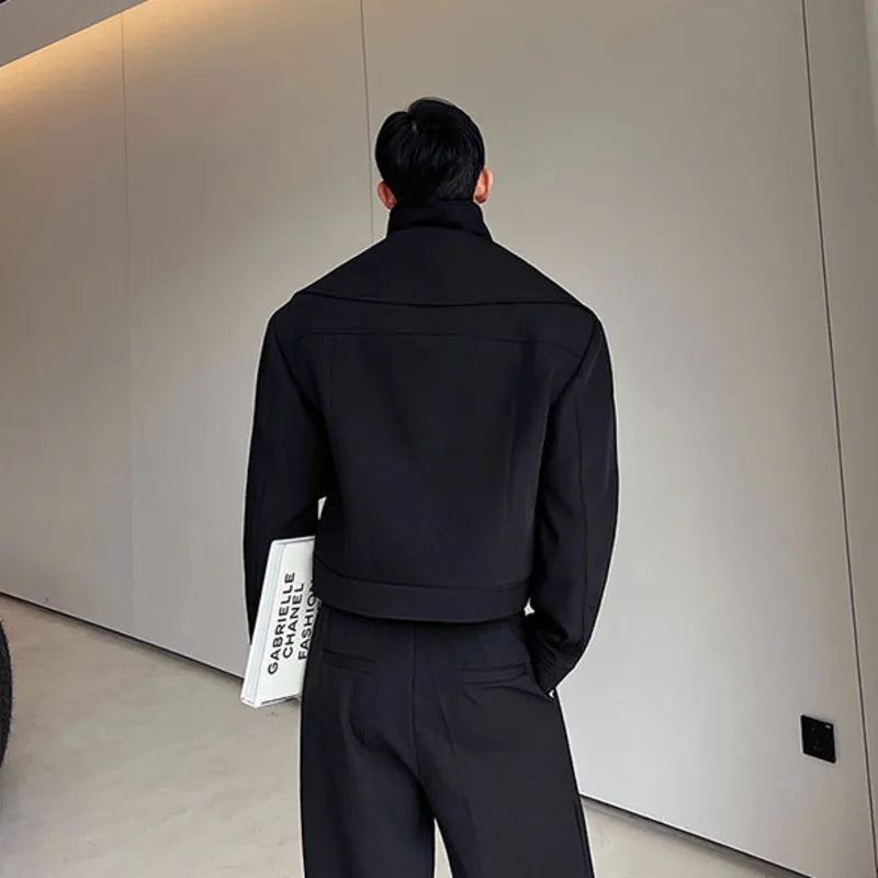 NOYMEI Short Coat Black Deconstructed Design Black Short Motorcycle High Collar Double Neck Double Zipper Jacket Men WA3171