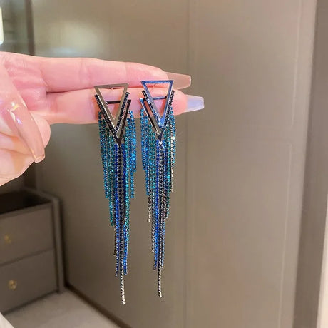 Exaggerated Blue Rhinestone Crystal Geometric Flower Long Tassel Earrings for Women Cool Drop Dangling Earring Party Jewelry