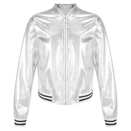 Kids Girls Shiny Baseball Jacket Bolero Disco Blazer Street Dance Wear Long Sleeve Metallic Zipper Bomber Coat Outerwear