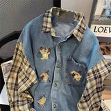 Men's Plaid Stitching Denim Shirt Women's Autumn New Loose Casual Long-sleeved Shirts Jacket Retro Single-breasted Pocket Tops