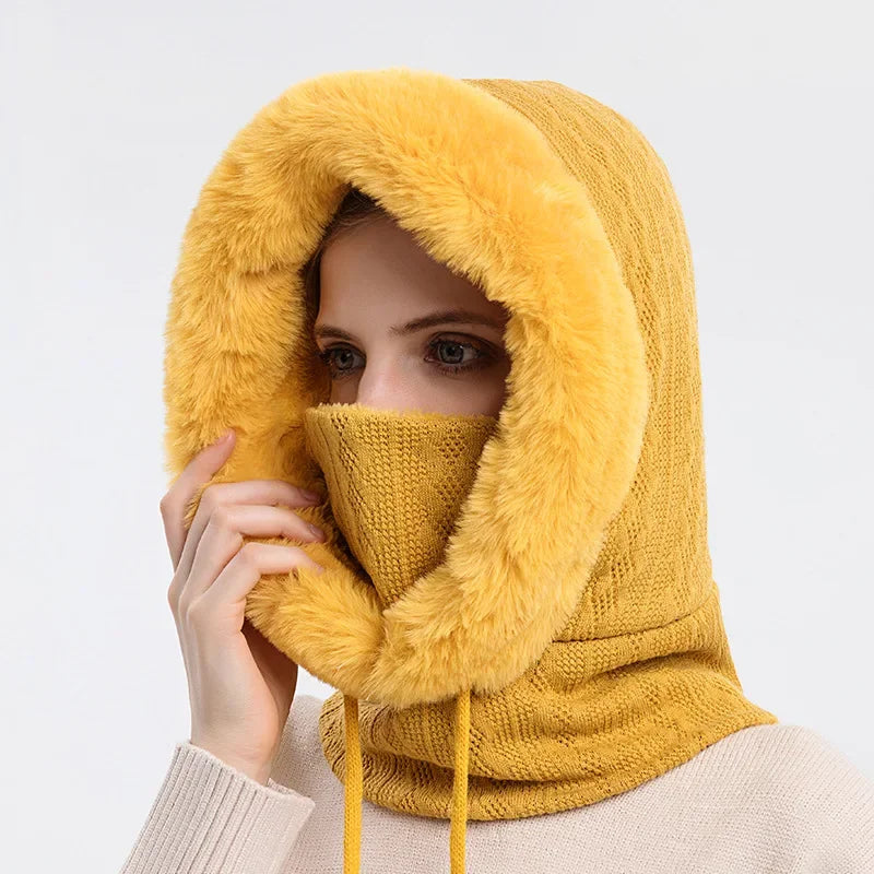 Thicken Fleece one-piece Hat Women Knitted Fluffy Cap Scarf Mask Set Hood Winter Warm Outdoor Ski Windproof Plush Beanies Bonnet