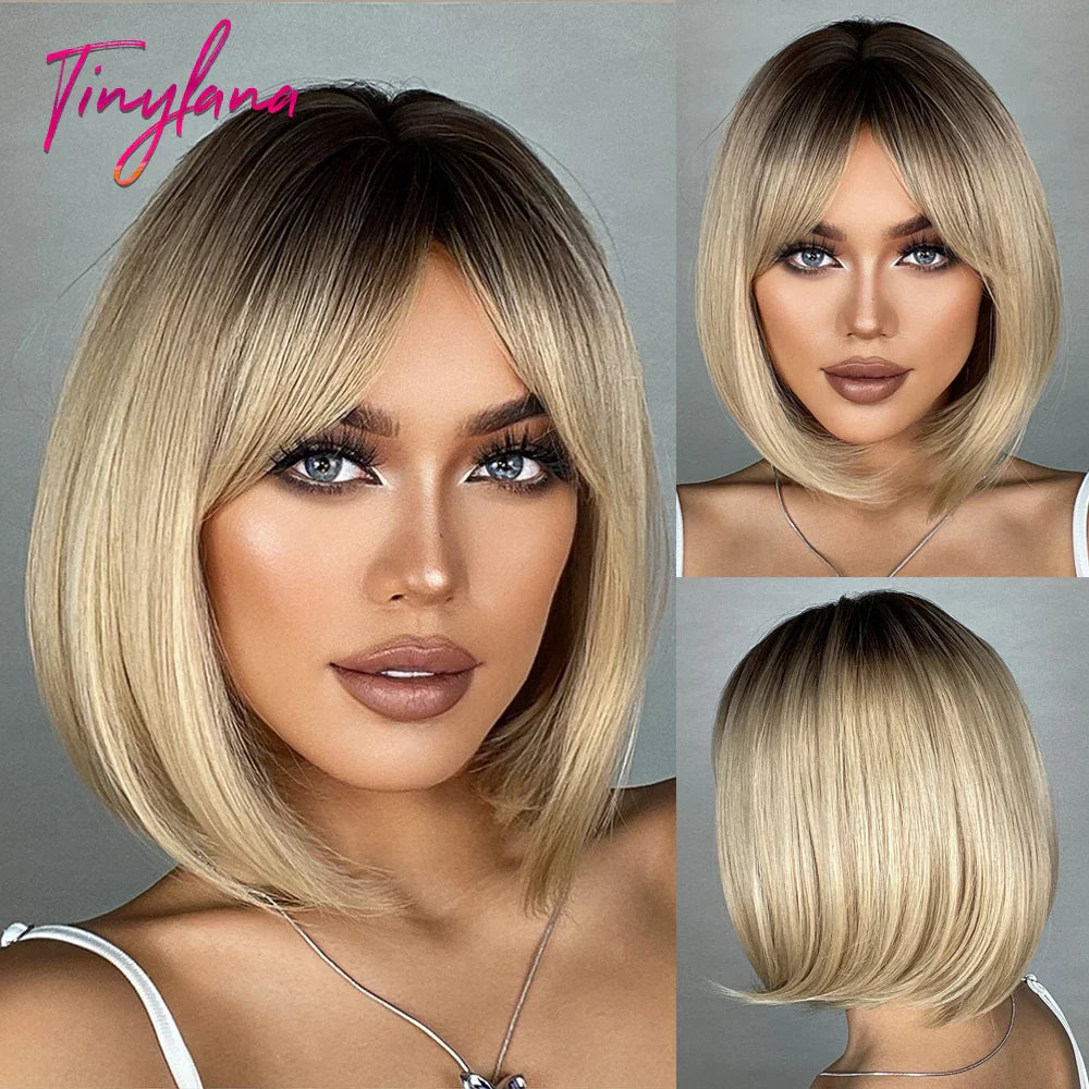 Brown Blonde Short Straight Synthetic Hair Wigs with Bangs for Women Golden Highlight Bob Wigs Cosplay Natural Heat Resistant