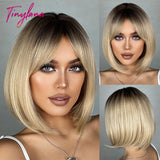 Brown Blonde Short Straight Synthetic Hair Wigs with Bangs for Women Golden Highlight Bob Wigs Cosplay Natural Heat Resistant