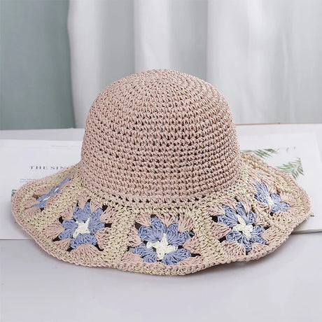 Colorful Crochet Straw Bucket Hat Handmade Knitted Flowers Beach Fisherman Hat for Women Sunshade Cap Vintage Accessories