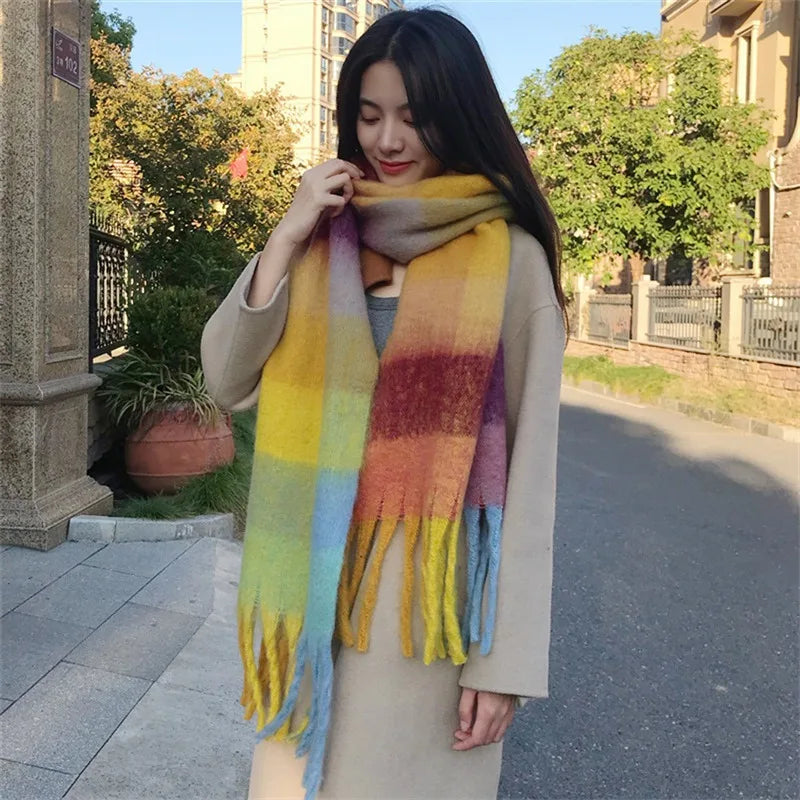 Winter Women Plaid Scarf Winter AC Pamanhmina Shawls Cashmere Thick Wraps Lady Tassel Warm Scarves Rainbow Hairy Bufanda Man