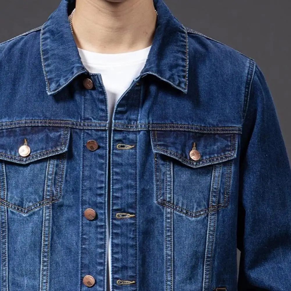 Men Denim Jacket Long Sleeves Multi Pockets Lapel Single-breasted Cardigan Loose Korean Style Men Spring Fall Coat