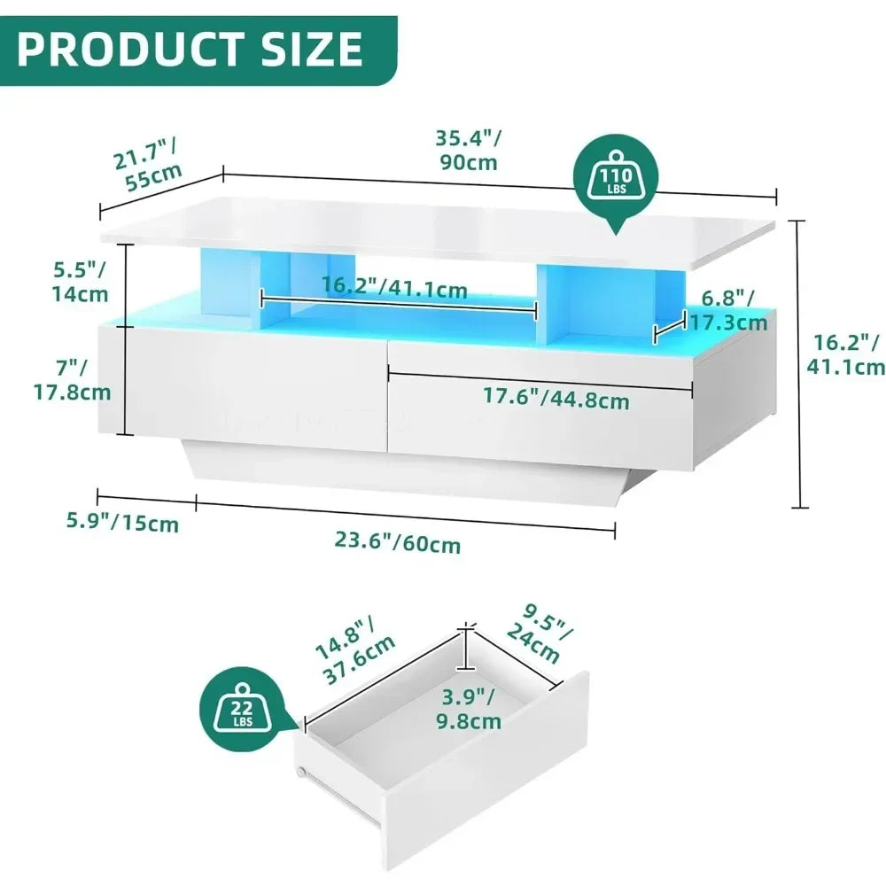 Center Table With Open Display Shelf & Sliding Drawers Dining Tables Living Room High Glossy LED Coffee Tables for Living Room