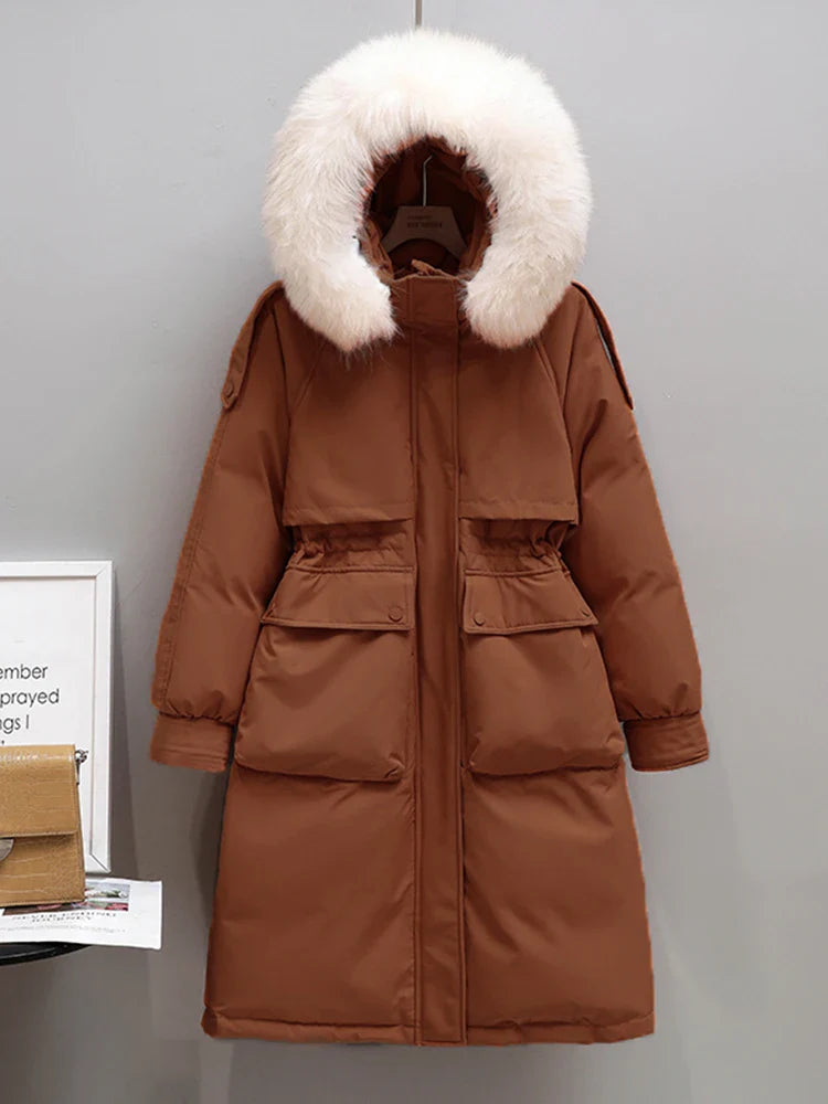 Fitaylor Winter Women Long Jacket Large Natural Fur Collar Hooded Parkas 90% White Duck Down Coat Thickness Snow Warm Outwear