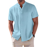 Summer Shirt Men's Short Sleeve Cotton Linen Tshirt Solid Button Cardigan Casual Loose Man Stand-collar Blue Shirt Top Chemise