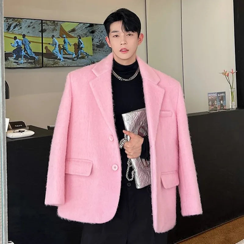 IEFB Korean Chic Male Woolen Jacket Fashion Lapel Single Breasted Pocket Coat 2023 Autumn Winter Casual Men Clothing Pink 9C2886