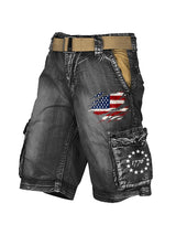 Men's Retro American Flag 1776 Print Washed Tooling Capris Shorts Denim Pockets Gothic Punk Men's Shorts for Summer Jeans