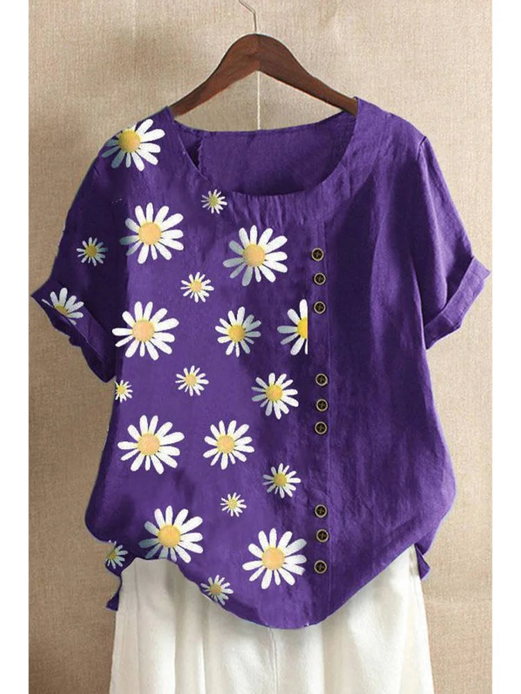 Plus Size Daisy-Print Cotton Linen Shirt Casual Summer Women O-Neck Short Sleeve Pullover Top Fashion Street Flower Blouse