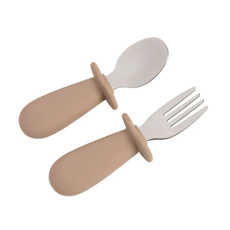 Solid Color Baby Gadget Tableware Set Children Utensil Stainless Steel Infant Food Feeding Spoon Fork Toddler Dinnerware Cutlery