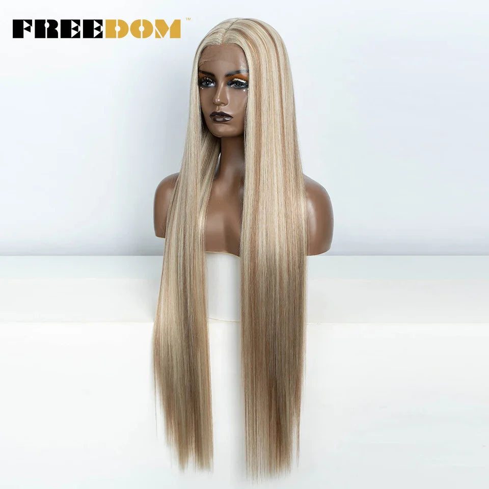 FREEDOM Synthetic Lace Frontal Wig For Women 38 Inch Long Straight Ombre Brown Red Ginger Hightlight Lace Front Wigs Cosplay Wig