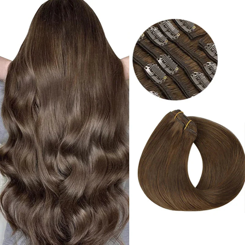 Clip In Human Hair Extensions Straight Natural Light Brown Honey Ombre Balayage Black Hair Pieces For Women Clip-in Full Head