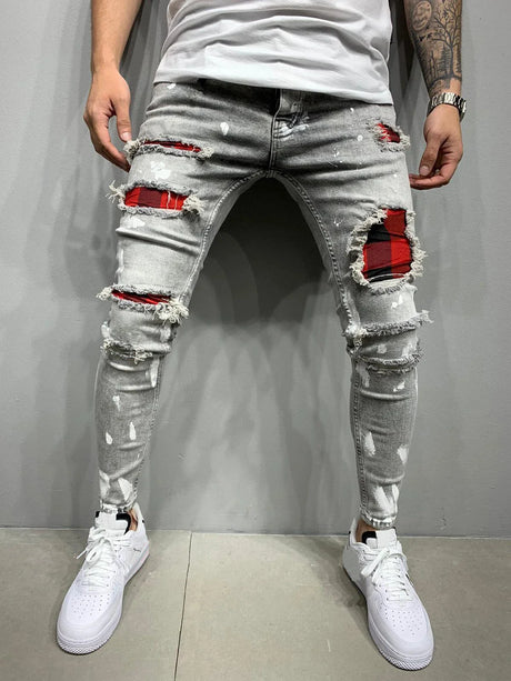 Men Jeans Knee Hole Ripped Stretch Skinny Denim Pants Solid Splice Color Blue Autumn Summer Hip-Hop Style Slim Fit Trousers 2023