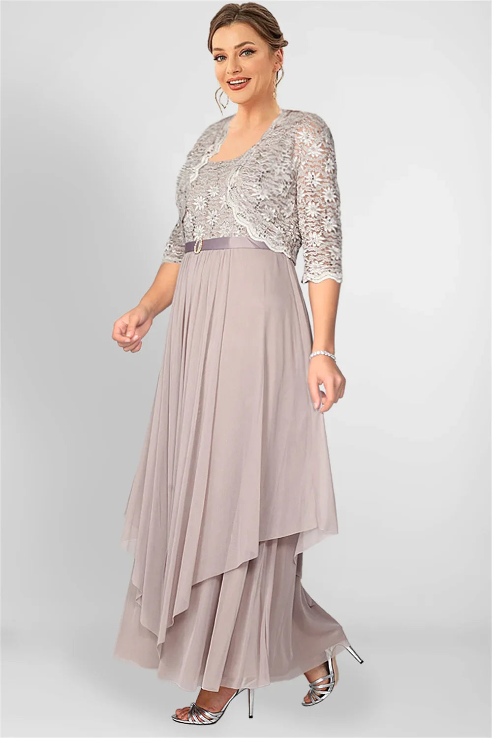 Women's Plus Size Mother of The Bride Cardigans and Mesh Layer Maxi Dress Autumn Elegant Party Evening Wedding Guest Dresses