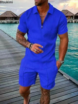 New 2024 Men's Polo Suit Fashion Men Sets Solid Summer V-neck Zipper Short Sleeve POLO Shirt+Shorts Two Pieces Men Casual Suit