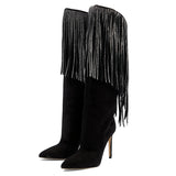 Women's stiletto Frosted leather knee high boots pointed toe dress Tassel women's shoes