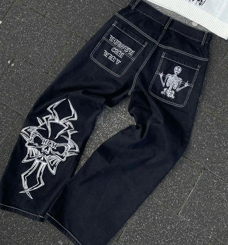 Harajuku Y2K men jeans vintage goth  Skull Embroidery Washed wide leg jeans streetwear Men Women Straight Casual baggy jeans