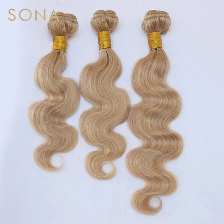 #27 Honey Blonde Hair Weave Bundles Brazilian Body Wave 100% Remy Human Hair Weave 3 Bundles with Frontal Closure 13X4