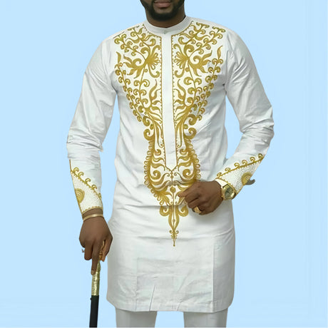 Kaftan Men's Kaunda Suit Round Neck Long-sleeved Top Pant African Male Traditional Outfit Wear 2PCS Clothing Wedding Sets Casual