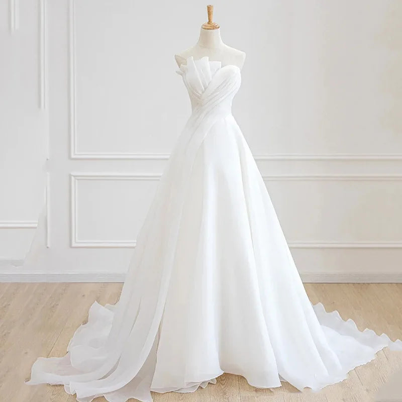 Luxury White Satin Chiffon Strapless Wedding Trailing Dresses for Bride 2024 Elegant Long Prom Evening Guest Party Women Dress