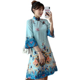 Ins Red Blue Loose 2021 New Fashion Modern Chinese Cheongsam A-line Dress Women 3/4 Sleeve Qipao Traditional Chinese Clothes